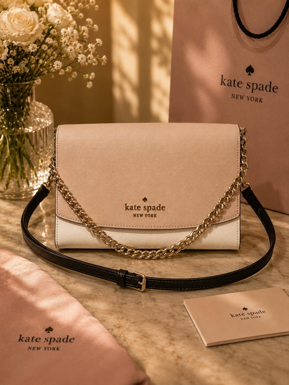 kate spade Taupe & White Two-Tone Chain and Leather Crossbody( 10x 8inch)
